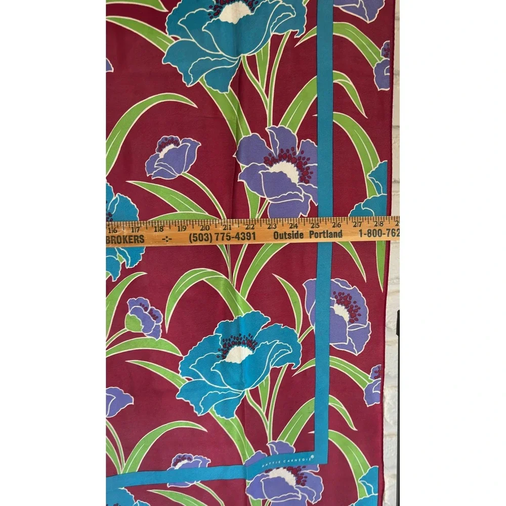 Hattie Carnegie Scarf Burgundy Blue Silk Floral‎ Poppy Print Vintage 27